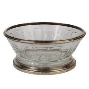 Antikvarinė skaidraus krištolo vaza su sidabriniu žiedu
