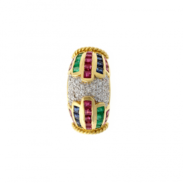 Art Deco žiedas su rubinais, safyrais ir smaragdais
