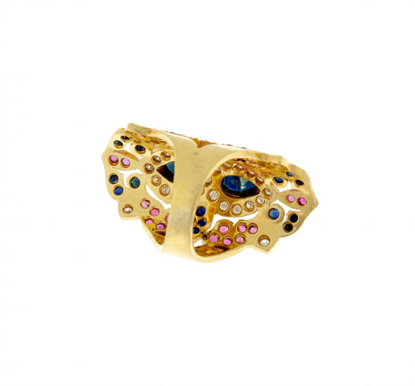 Auksinis žiedas su briliantais, safyrais ir rubinais