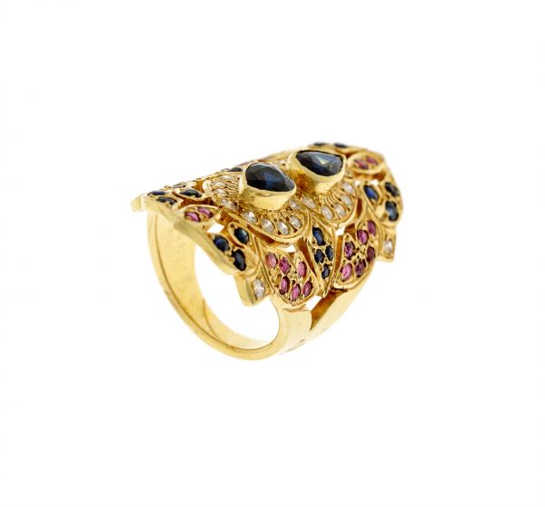 Auksinis žiedas su briliantais, safyrais ir rubinais