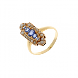 Auksinis žiedas su Ceylono safyrais ir perlais
