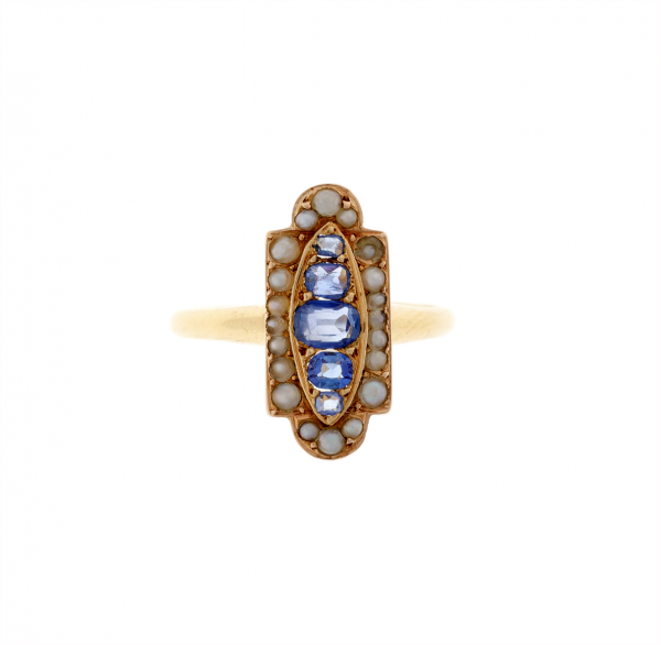 Auksinis žiedas su Ceylono safyrais ir perlais