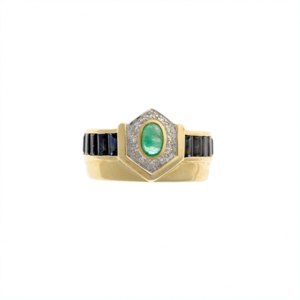 Art Deco auksinis žiedas su briliantais, safyrais ir smaragdu