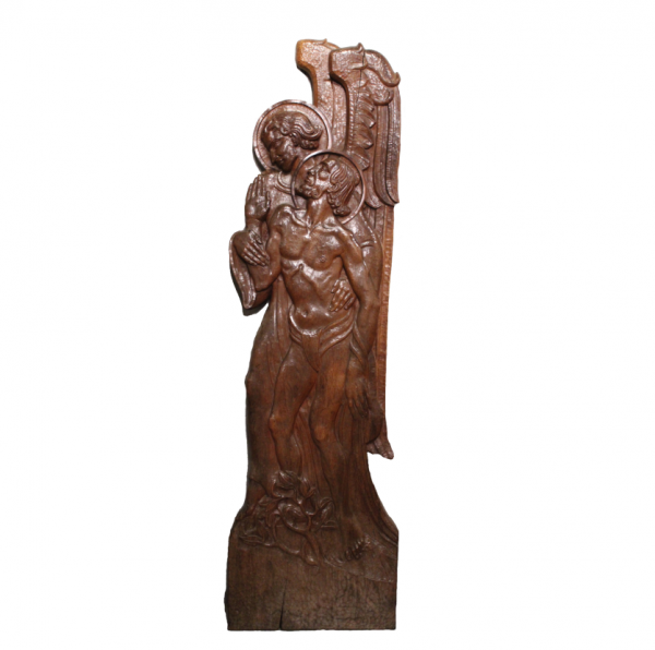 Riešutmedžio skulptūra "Angelas ir Jėzus Kristus"