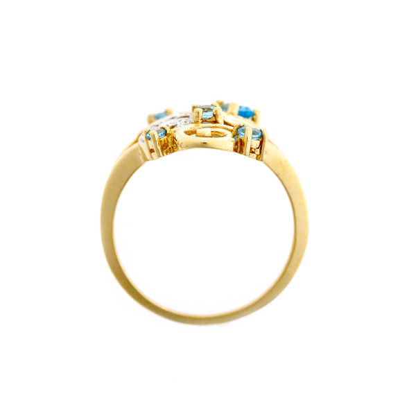 Auksinis žiedas su deimantais, akvamarinu ir topazais