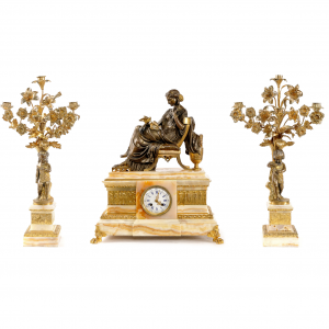 Ampyro stiliaus paauksuotas laikrodis su žvakidėmis. 19 a. pab.