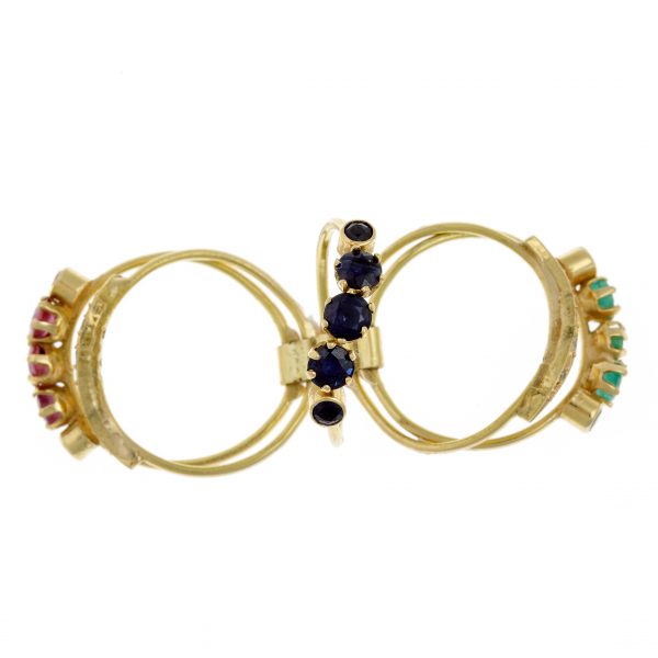 Auksinis žiedas su smaragdais, rubinais, safyrais ir deimantais.