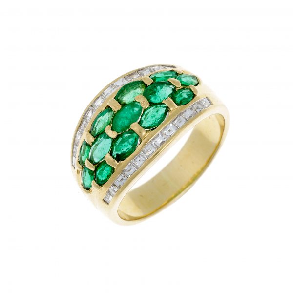Auksinis žiedas su deimantais ir smaragdais