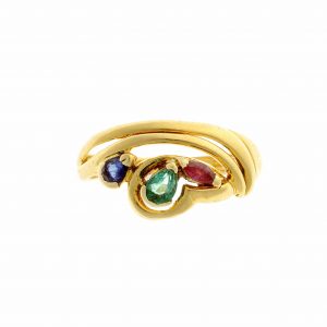 Auksinis žiedas su rubinu, smaragdu, safyru